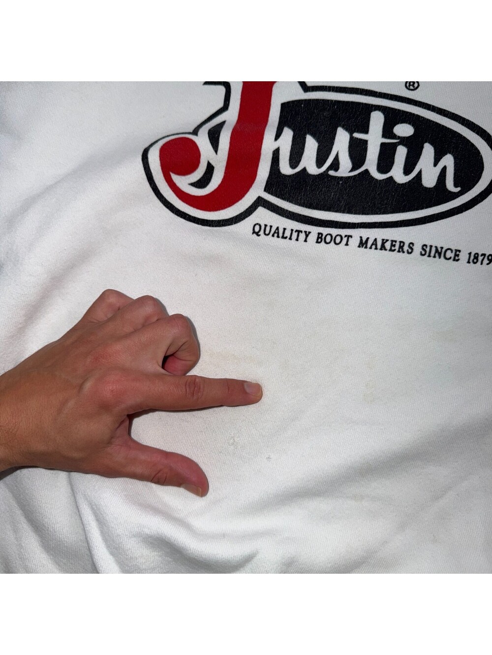 VTG Justin Boots Logo Promo Sweatshirt White Western Cowboy USA XL 1980s 80s - Picture 3 of 13